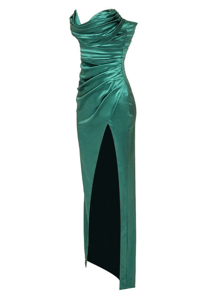 Strapless High Slit Ruched Design Green Satin Gowns