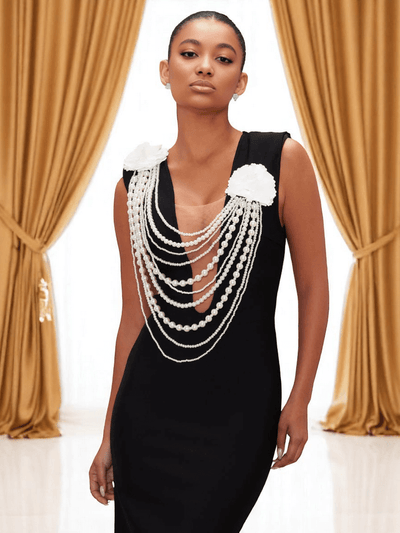 Dodo Pearl Bandage Gown in black with pearl detailing – elegant evening wear