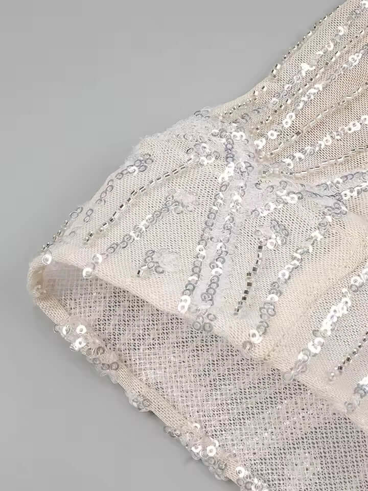 Ufana Pearl Detail Maxi Dress in Beige - elegant, pearl embellishments, flowing silhouette, sophisticated design