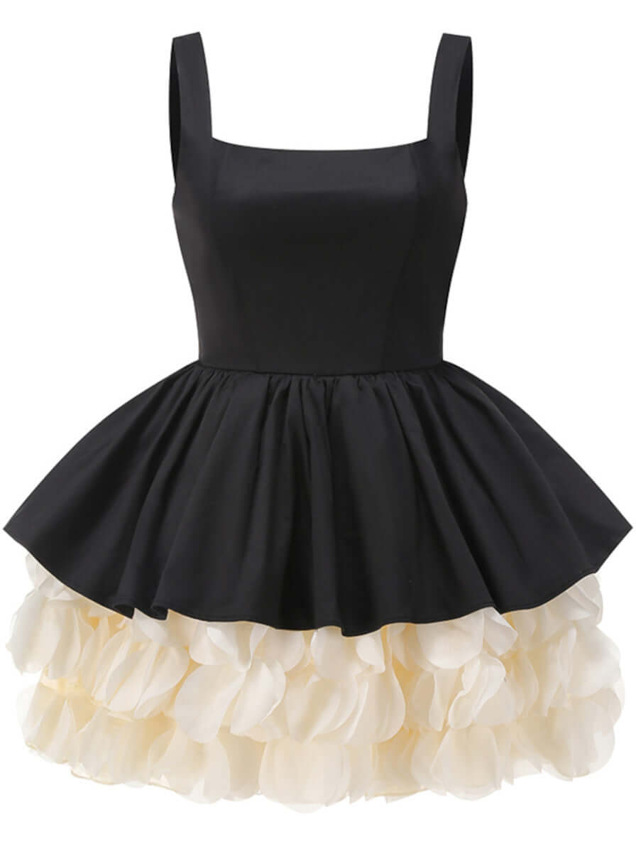 Liz black and ivory mini dress with 3D petal trim – dollcore A-line party dress for women
