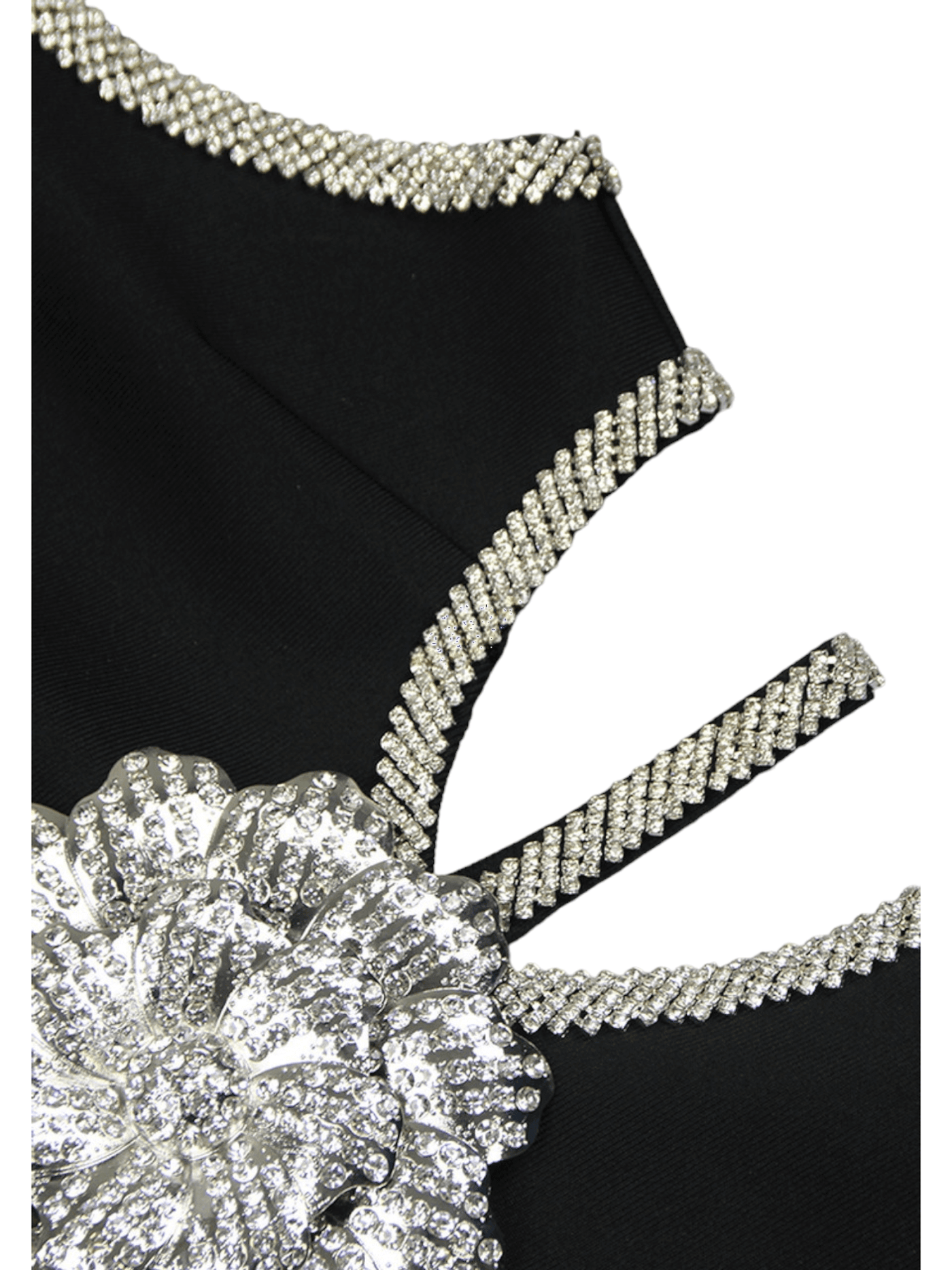 Black Mini Dress with Diamond Flower Cut-Outs - Edgy Glamour for the Night
