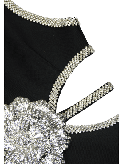 Image of a Diamond Flower Cut Out Black Mini Dress