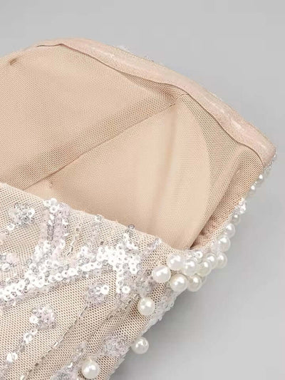 Ufana Pearl Detail Maxi Dress in Beige - elegant, pearl embellishments, flowing silhouette, sophisticated design