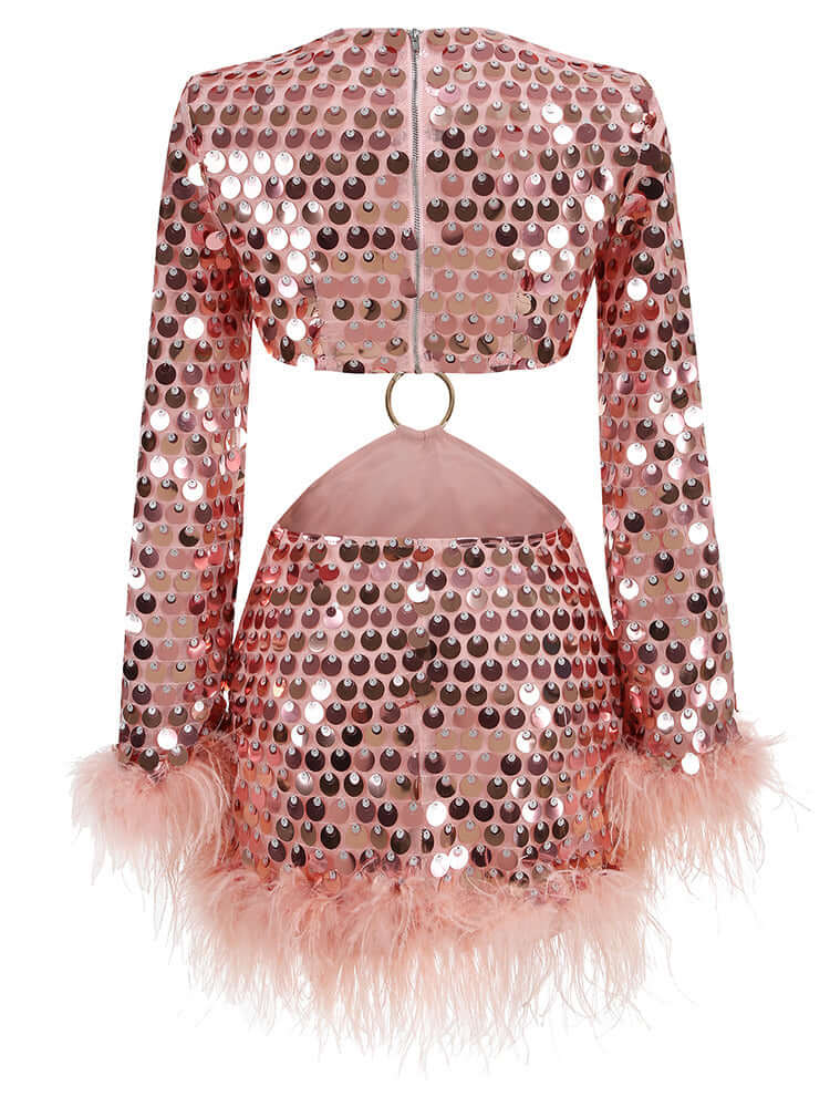 Long Sleeve Sequin Feather Cut-Out Mini Dress - Glamorous Flair with Stunning Detail