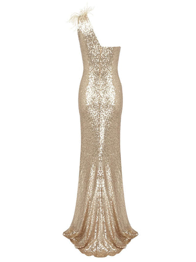 Champagne Sequin Oblique Shoulder Evening Dress