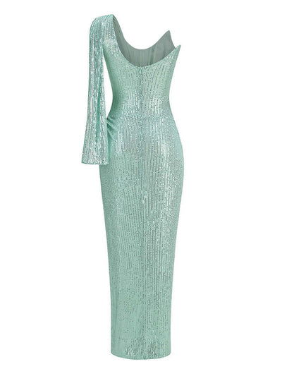 Olivia Draped Green Sequin Maxi Dress with Thigh-High Split