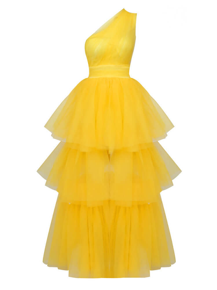One Shoulder Yellow Tiered Gown