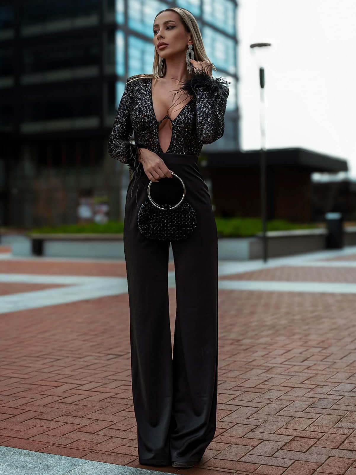 Shimmering long sleeve jumpsuit adorned with sequins and feather embellishments