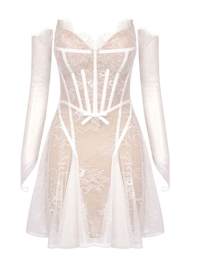 White Long Sleeve Lace Corset A-Line Dress: Timeless Elegance