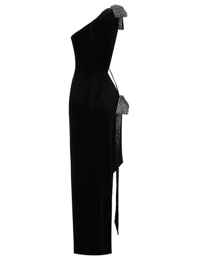 Diagonal Rhinestone Bow Cutout Velvet Dress