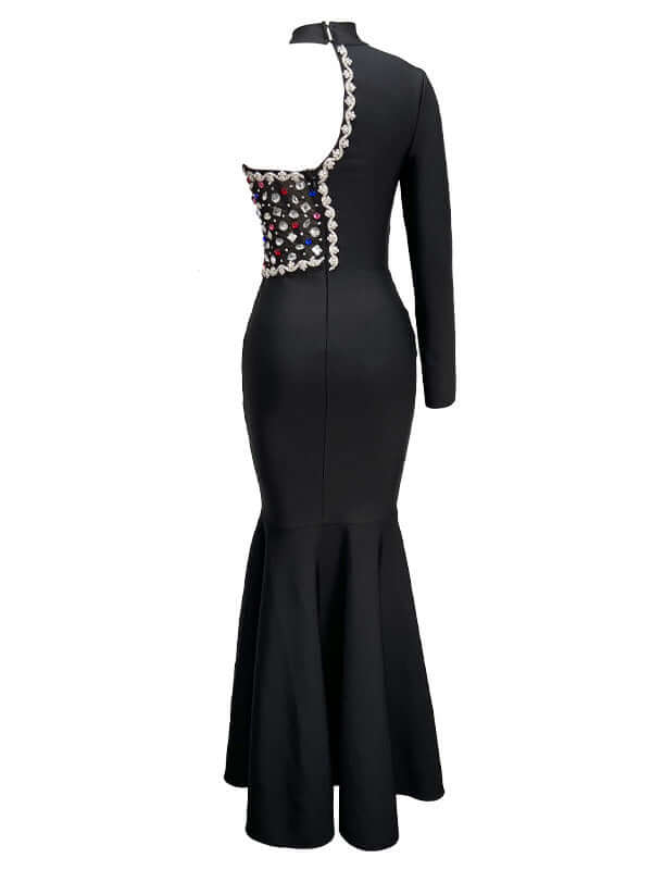 Black one shoulder diamond patchwork mermaid maxi dress