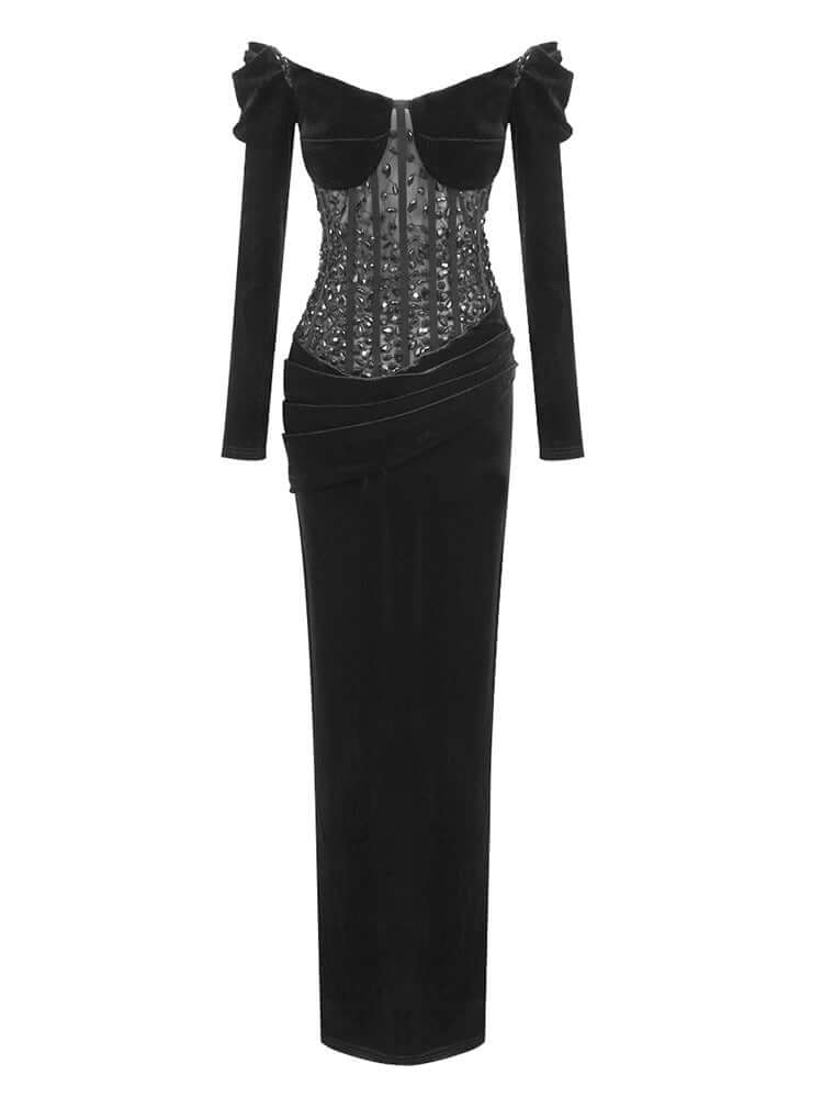 Long Sleeve Crystal Corset Maxi Velvet Dress in Black with a crystal-embellished corset and elegant design.