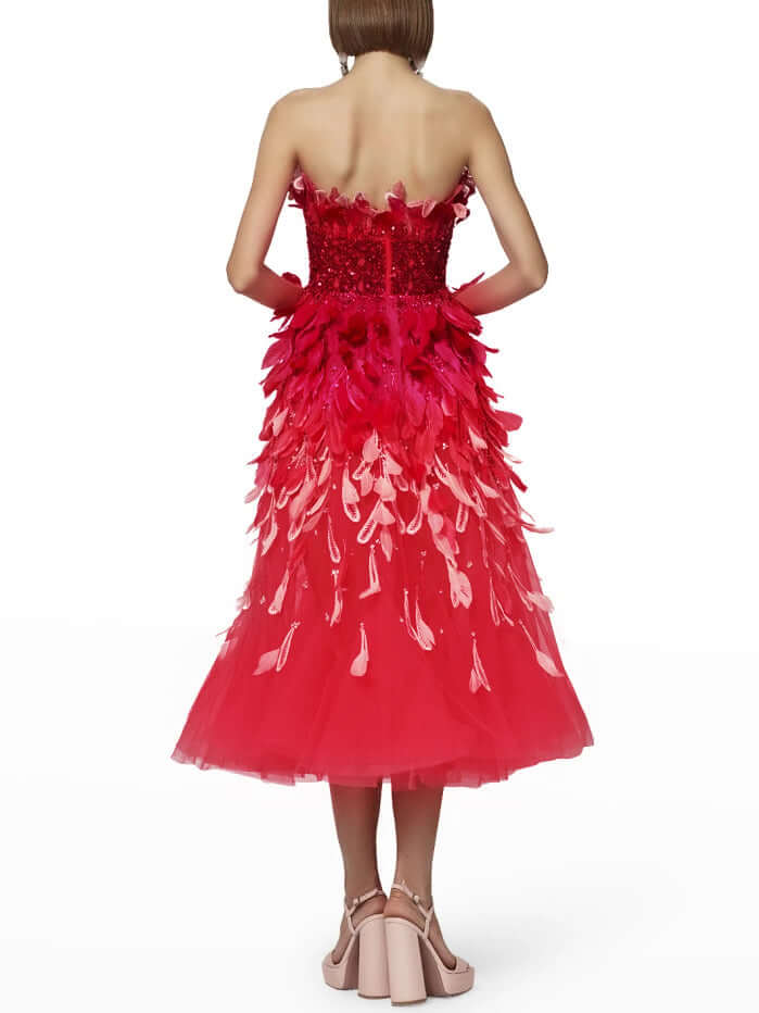 Sleeveless Midi Red Dress With Feathers
