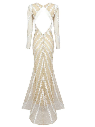Elegant mermaid gown in beige with long sleeves for a sophisticated look