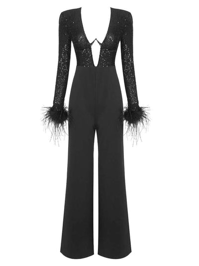 Shimmering long sleeve jumpsuit adorned with sequins and feather embellishments