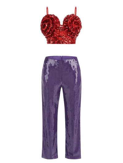 Stylish sequin flower pants set with intricate detailing