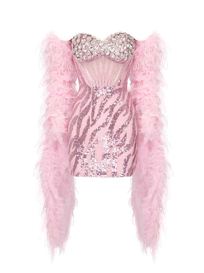 Pink Feather Scarf Strapless With Crystal Sequins Mini Dress