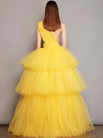 One Shoulder Yellow Tiered Gown