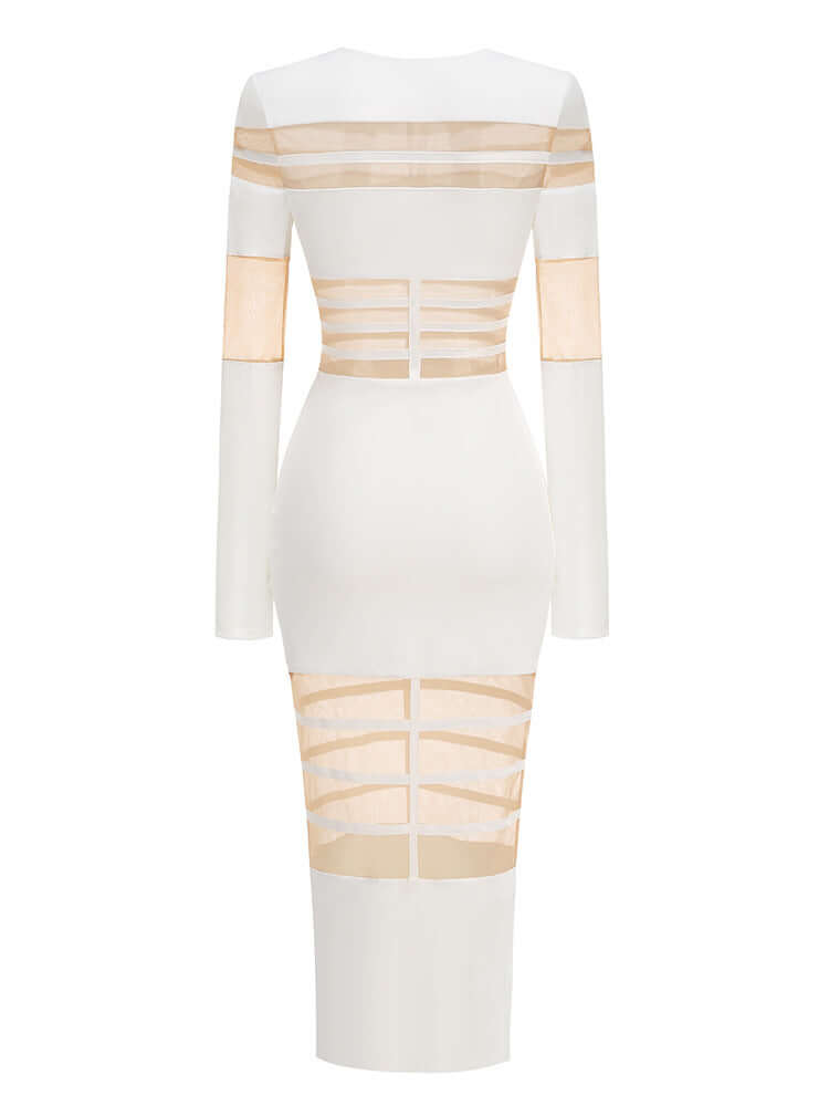 Long Sleeve Mesh Insert Midi Dress White