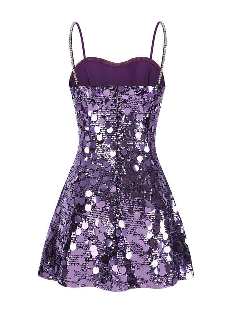 spaghetti strap purple sequin mini dress back view