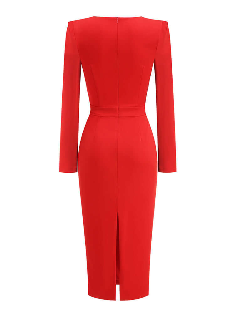 Red Long Sleeve Sequin Insert Midi Dress with Back Zipper and High Stretch Material