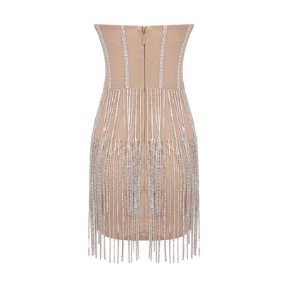 Nude strapless dress with rhinestone accents and fringe detailing