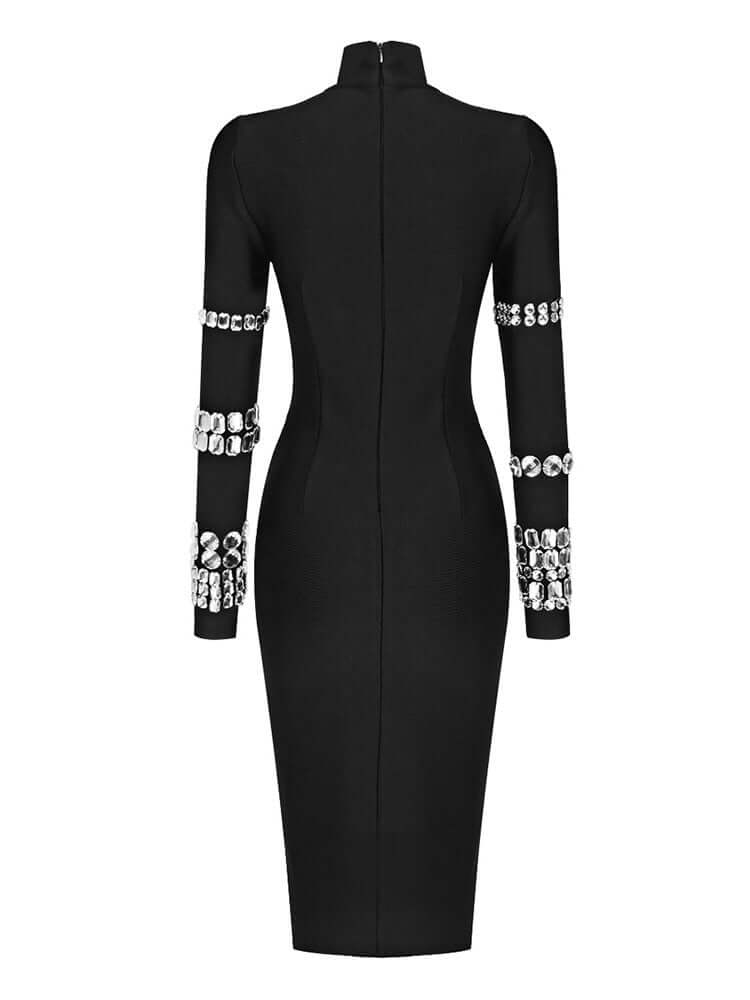 Long Sleeve With Crystal Bandage Black Midi Dress