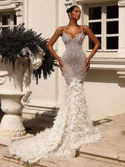 White Pearl Sequin Feather Mermaid Maxi Dress: Ethereal Glamour