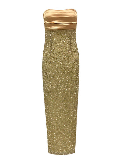 Strapless Pearl Sequin Maxi Dress in Gold for special occasions.