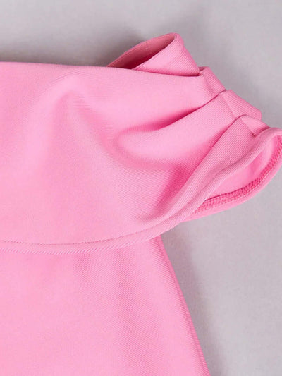 Close-up of Pink One Shoulder Feather Midi Dress fabric and stitching details