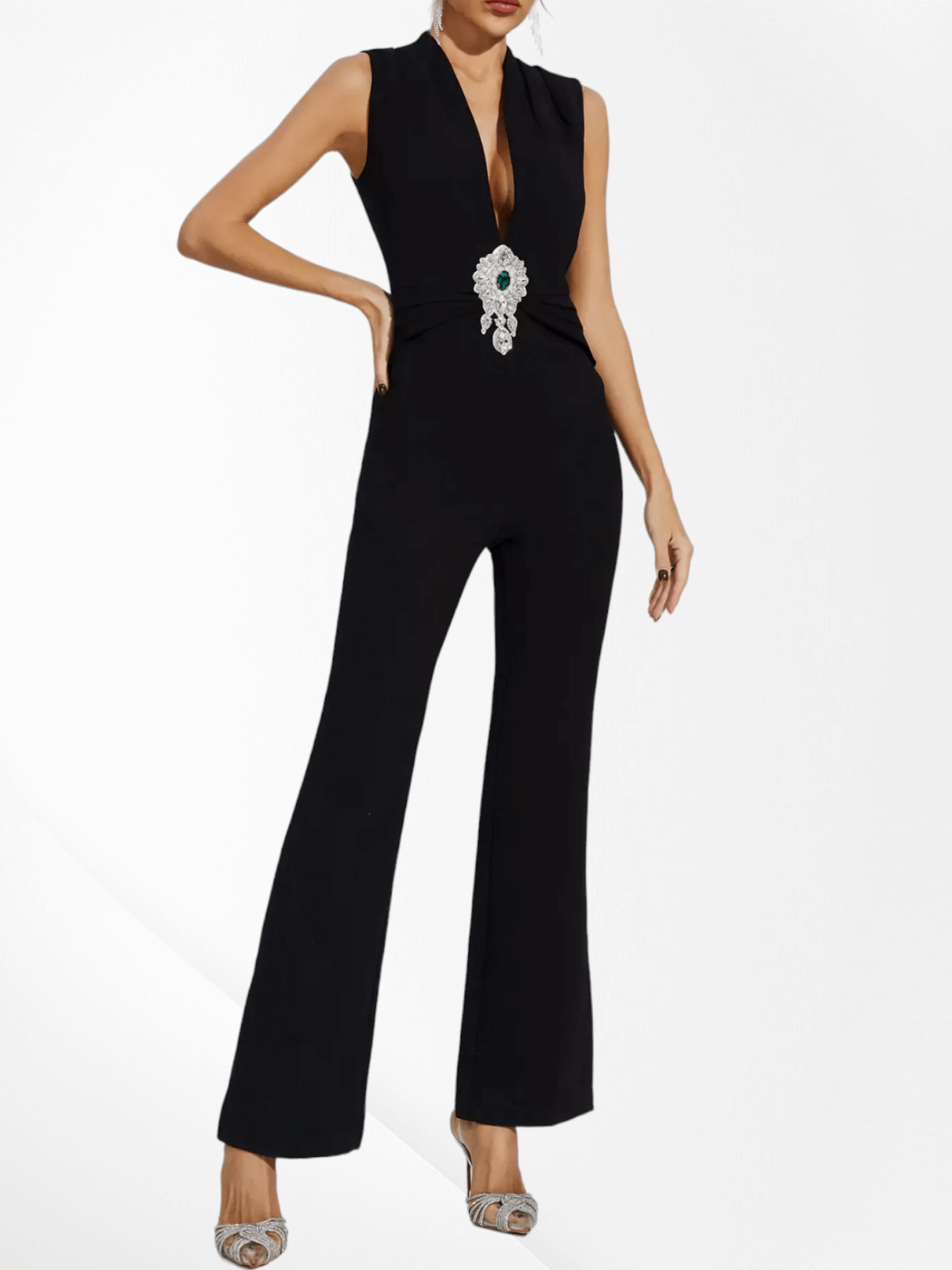 Stunning jumpsuit adorned with intricate beaded diamond embellishments for a glamorous look