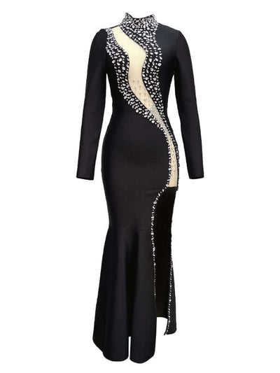 Black long sleeve maxi bandage dress adorned with diamond embellishments