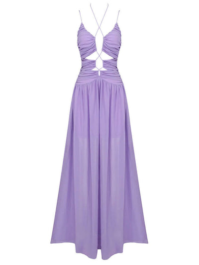 Elegant gown dress in purple chiffon with delicate spaghetti straps for a graceful look.