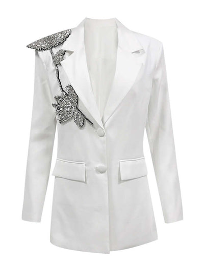 Long Sleeve Floral Detail Blazer White with intricate floral embellishments on the shoulder and front buttons, made from polyester and cotton.