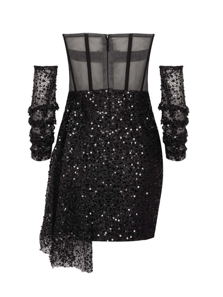 Image of a V Neck Mesh Patchwork Sequins Black Mini Dress With Gloves