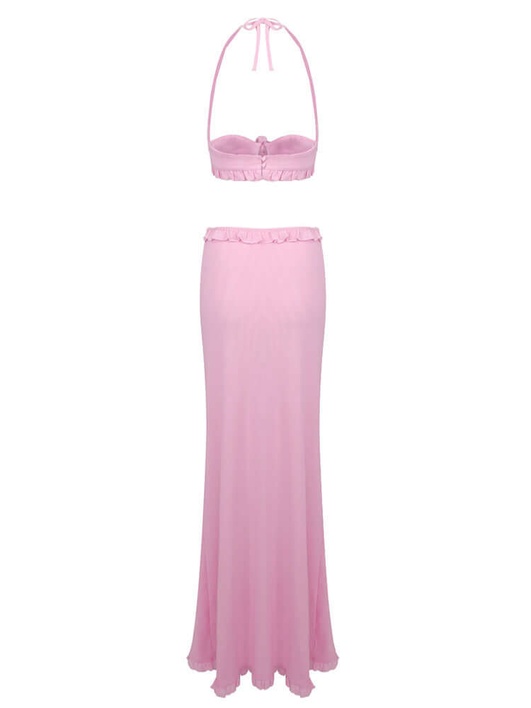 Halter Floral Ruffle Two Piece Maxi Dress in Pink - Popular Choice Among Fashion Enthusiasts