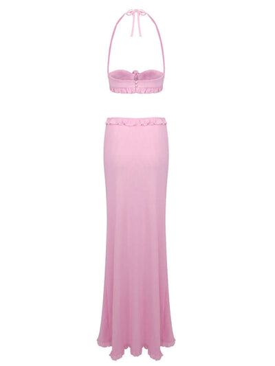 Halter Floral Ruffle Two Piece Maxi Dress in Pink - Popular Choice Among Fashion Enthusiasts