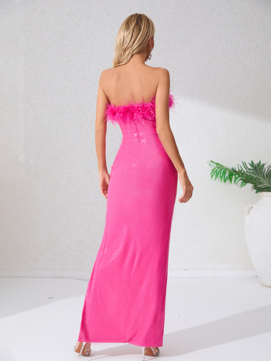 Elegant strapless gowns with feather embellishments, sleeveless design, and a daring high split