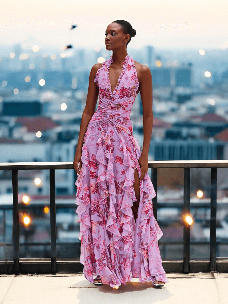 Floral ruffle maxi dress with smocked bodice – romantic boho wedding guest gownoral ruffle maxi dress with smocked bodice – romantic boho wedding guest gown