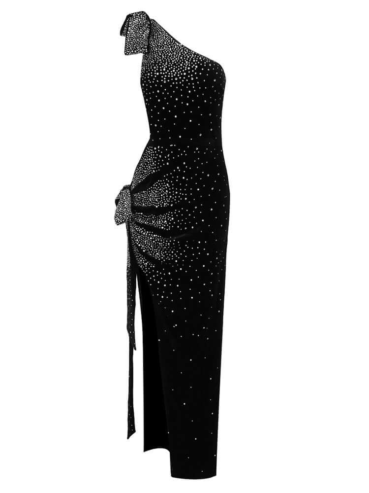 Diagonal Rhinestone Bow Cutout Velvet Dress