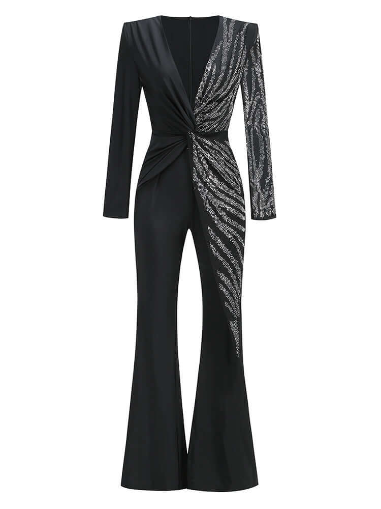 Black Crystal Jumpsuit: Elegant Long Sleeve Design