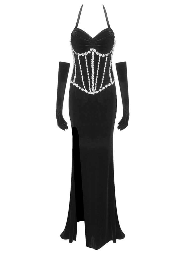 Black Velvet Maxi Dress with Halter Neck and Crystal Corset Detail