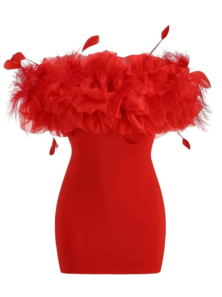 Red Strapless Feather Mini Dress