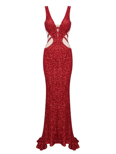 Chic red maxi dress adorned with shimmering sequins and mesh details