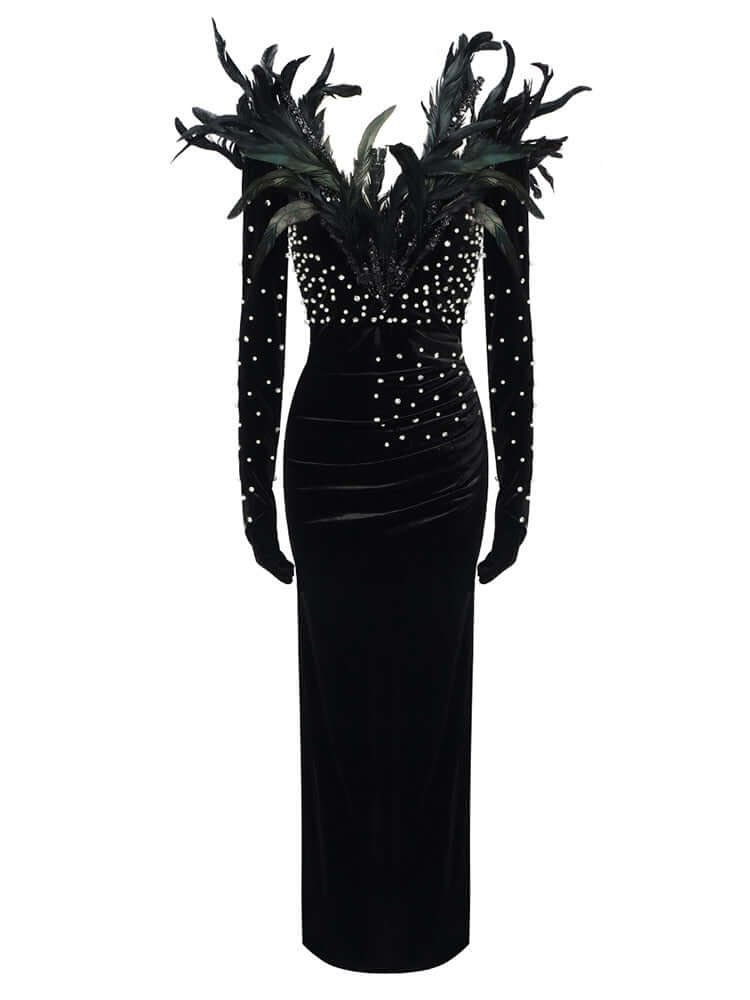 Velvet Feather Dress Decorated With Feathers