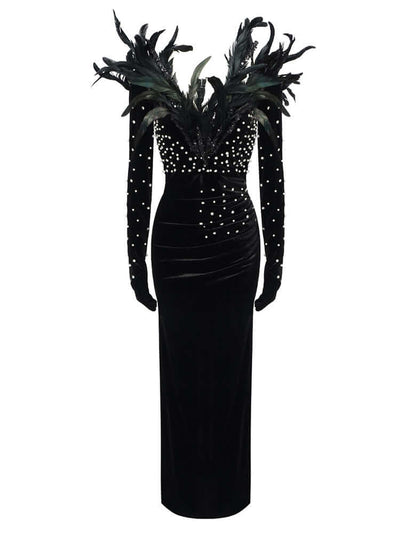 Velvet Feather Dress Embellished With Feathers
