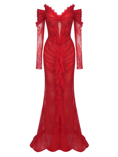 Long Sleeve Draped Lace Maxi Dress Red