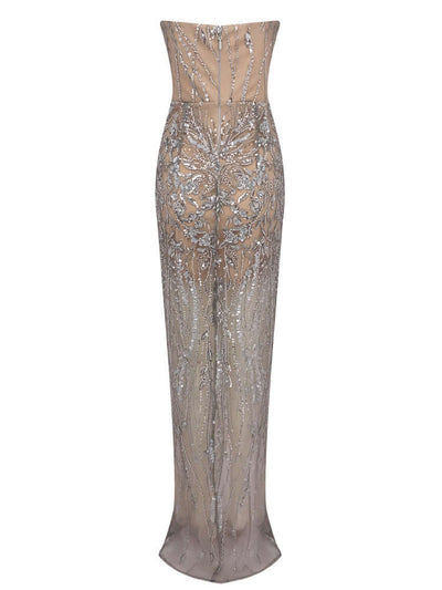 High Split Crystal Beads Maxi Dress with sequin embellishments, back view showcasing intricate detailing and invisible zipper opening.