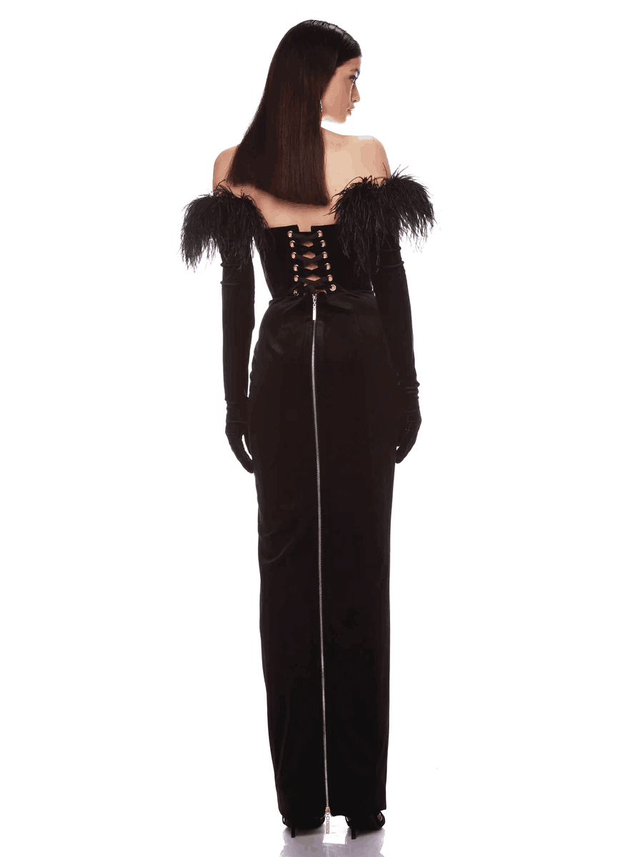 Strapless Feather Gloves Design Black Bandage Gown