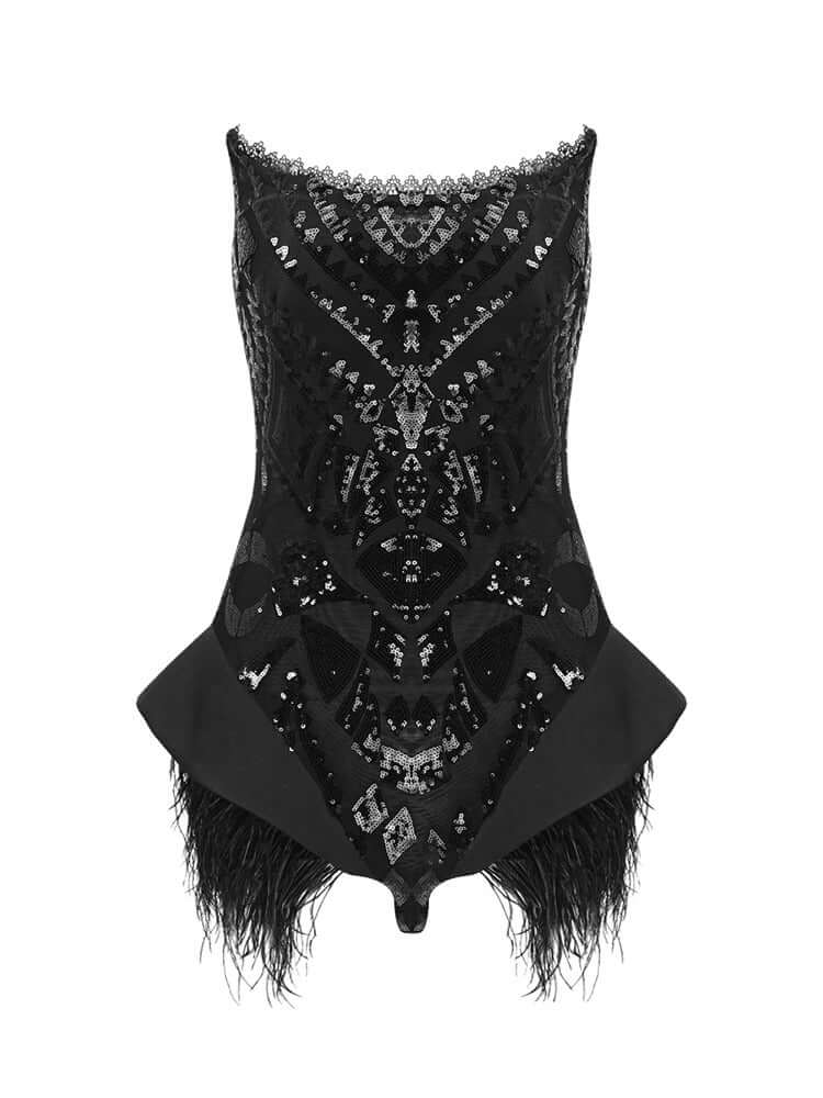 Strapless bodysuit adorned with feather sequins
